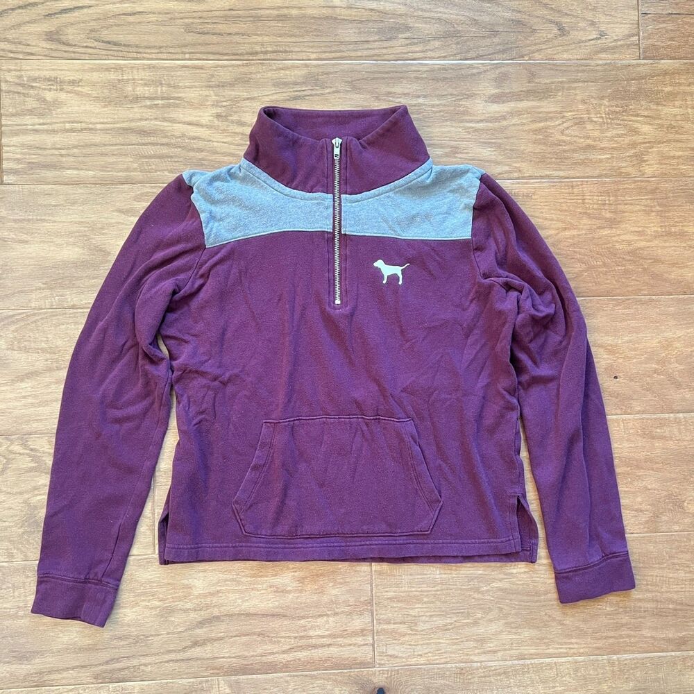 PINK Victoria's Secret Half Zip Sweatshirt Size M Burgundy/Gray Colorblock Dog